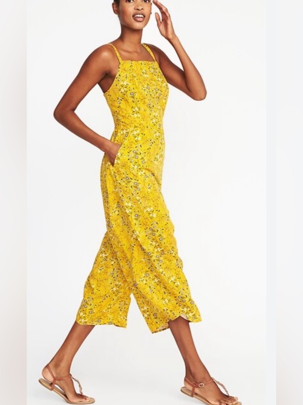 Old Navy Jumpsuit Womens Sz L Yellow Ditsy FloralSquareNeck Cami Wide-Leg Boho